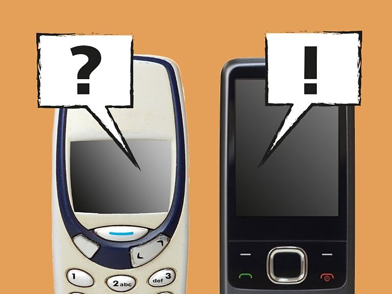 Bild von Handys mit Sprechblasen, in denen ein Fragezeichen und ein Ausrufezeichen stehen.