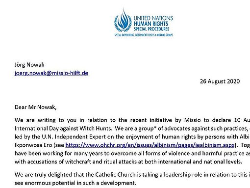 Ausschnitt aus einem Brief einer Organisation der Vereinten Nationen an missio zum Internationalen Tag gegen Hexenwahn.
