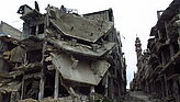 Zerstörte Häuser nach dem Bürgerkrieg in Homs, Syrien. 