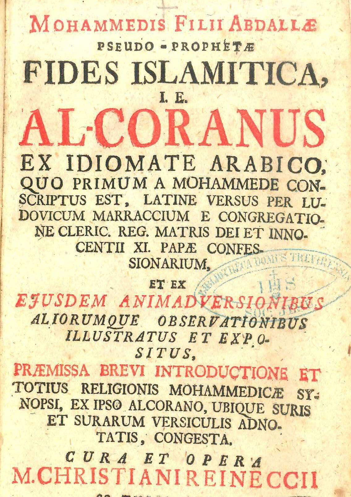 Titelblatt „Mohammedis Filii Abdallae Pseudo-Prophetae Fides Islamitica i.e. Al-Coranus ex idiomate arabico”