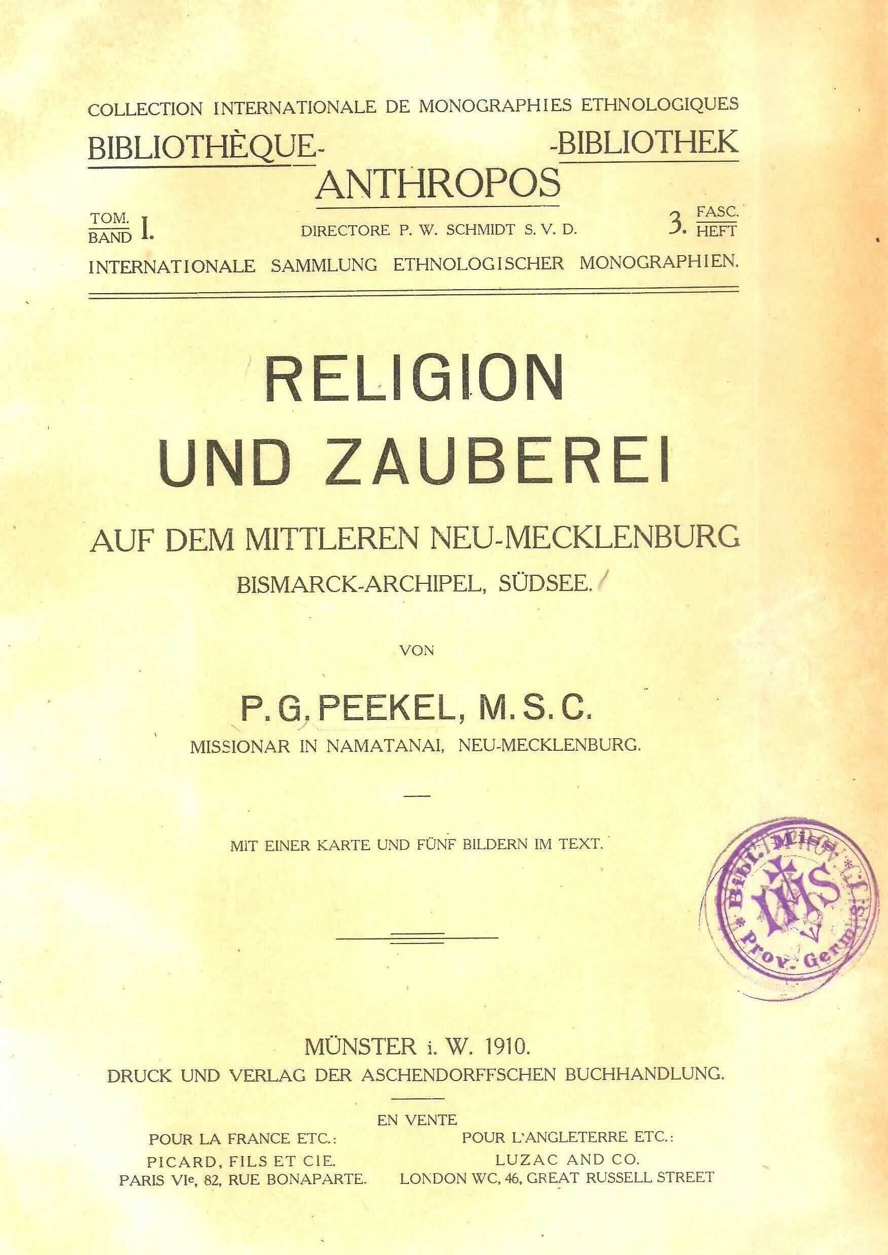 Titelblatt „Religion und Zauberei auf dem mittleren Neu-Mecklenburg, Bismarck-Archipel, Südsee”