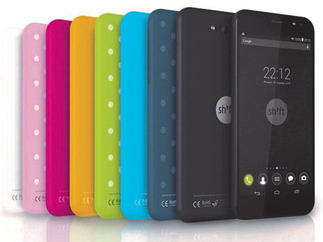 erschiedenfarbige Smartphones von SHIFT GmbH aneinandergereiht.