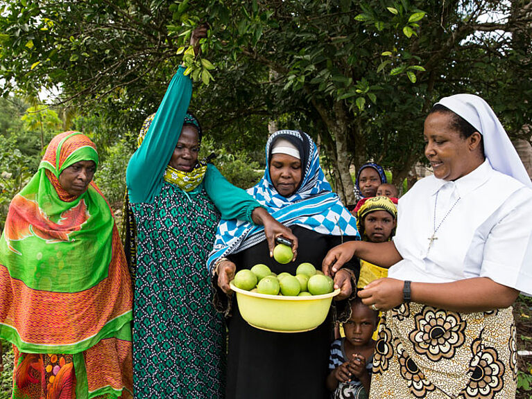 Schwester Justa Tesha bei der Orangenernte mit Frauen aus dem landwirtschaftlichen Frauenprojekt in Tansania.