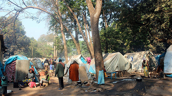 Flüchtlingscamp zwischen Bäumen in der Diözese Bossangoa